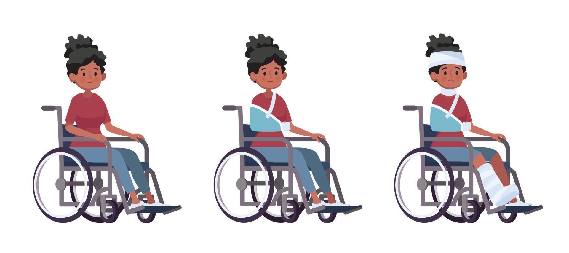 Junge Frau in einem Rollstuhl Set Vektor Cartoon Illustration Konzept der Verletzung und Behinderung Erholung von einem Unfall