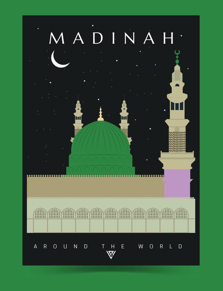 madinah stad affisch illustration. runt om de värld, stadsbild och horisont årgång affisch konst av madinah stad med masjid e nawabi. vektor