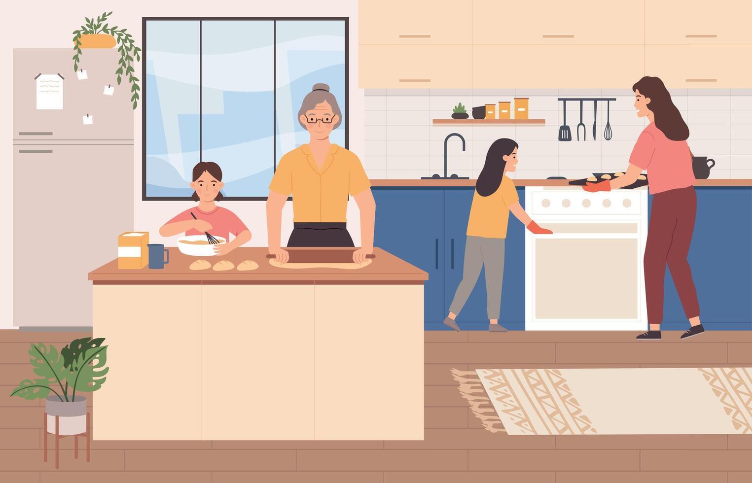 familj matlagning tillsammans. mormor med barnbarn framställning bullar, knådning och rullande deg, mamma och unge bakning bakverk vektor