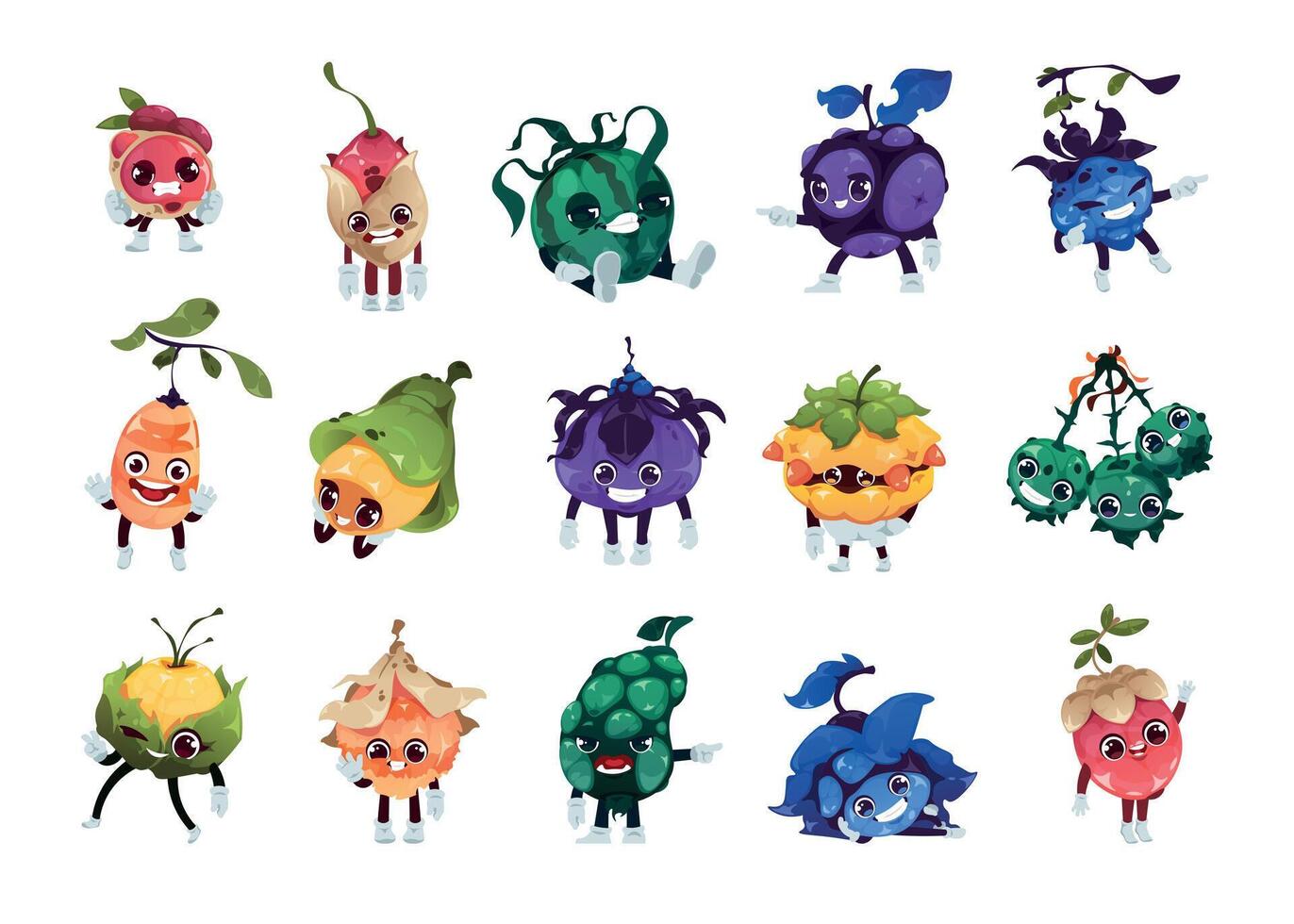 Fantasie Früchte Figuren. Karikatur Magie bunt Beeren mit komisch Gesichter, 2d Spiel Sprite Anlagegut von Fantastisch Pflanzen. Vektor isoliert Emoji Symbole