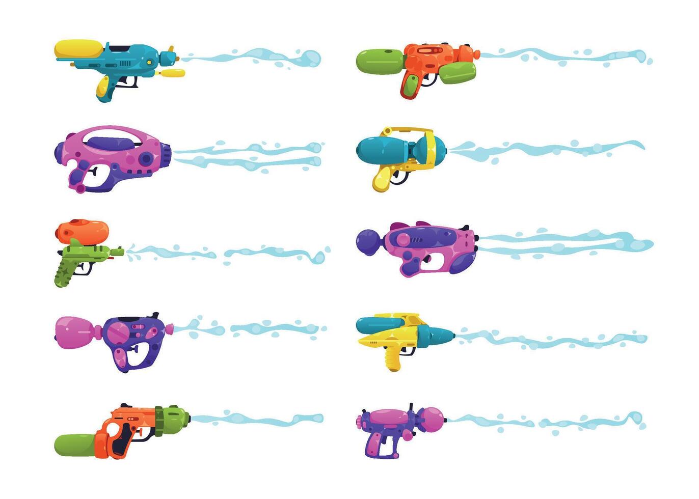 vatten pistol skott. modern plast leksak vapen med våt spray för barn bekämpa spel tecknad serie stil, platt färgrik vattengevär med flytande stänk. vektor uppsättning
