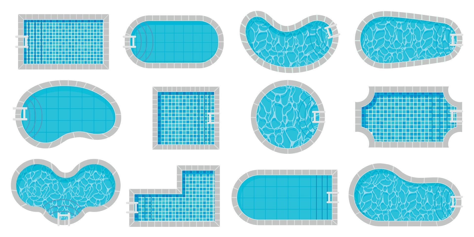 Schwimmbad oben Sicht. Schwimmen Pools anders Formen Karikatur Stil, Luxus Außen am Pool mit Wasser Textur Fliese, Sommer- Ferien schwimmen Bereich. Vektor isoliert einstellen