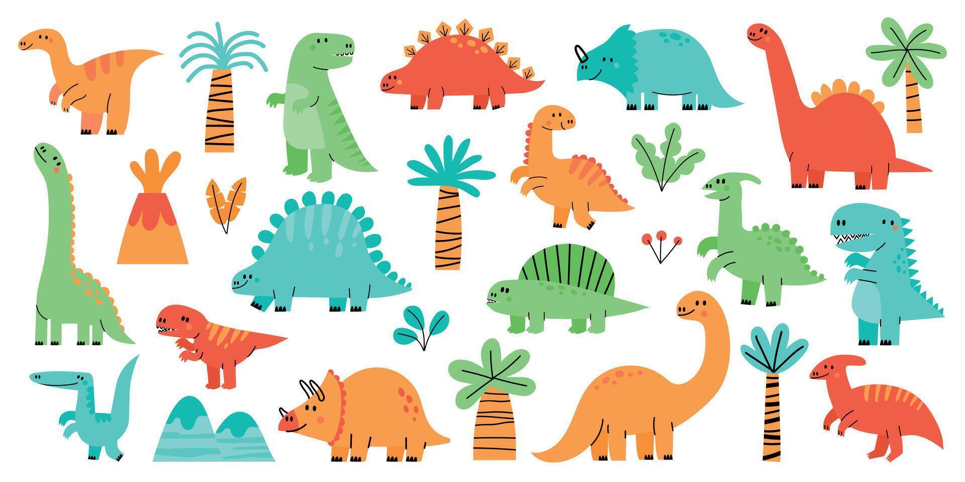 süß Dinosaurier. bezaubernd Karikatur Baby dino, komisch kindisch wenig Tier Sammlung, skandinavisch Gekritzel Kindergarten Charakter Clip Art. Vektor einstellen