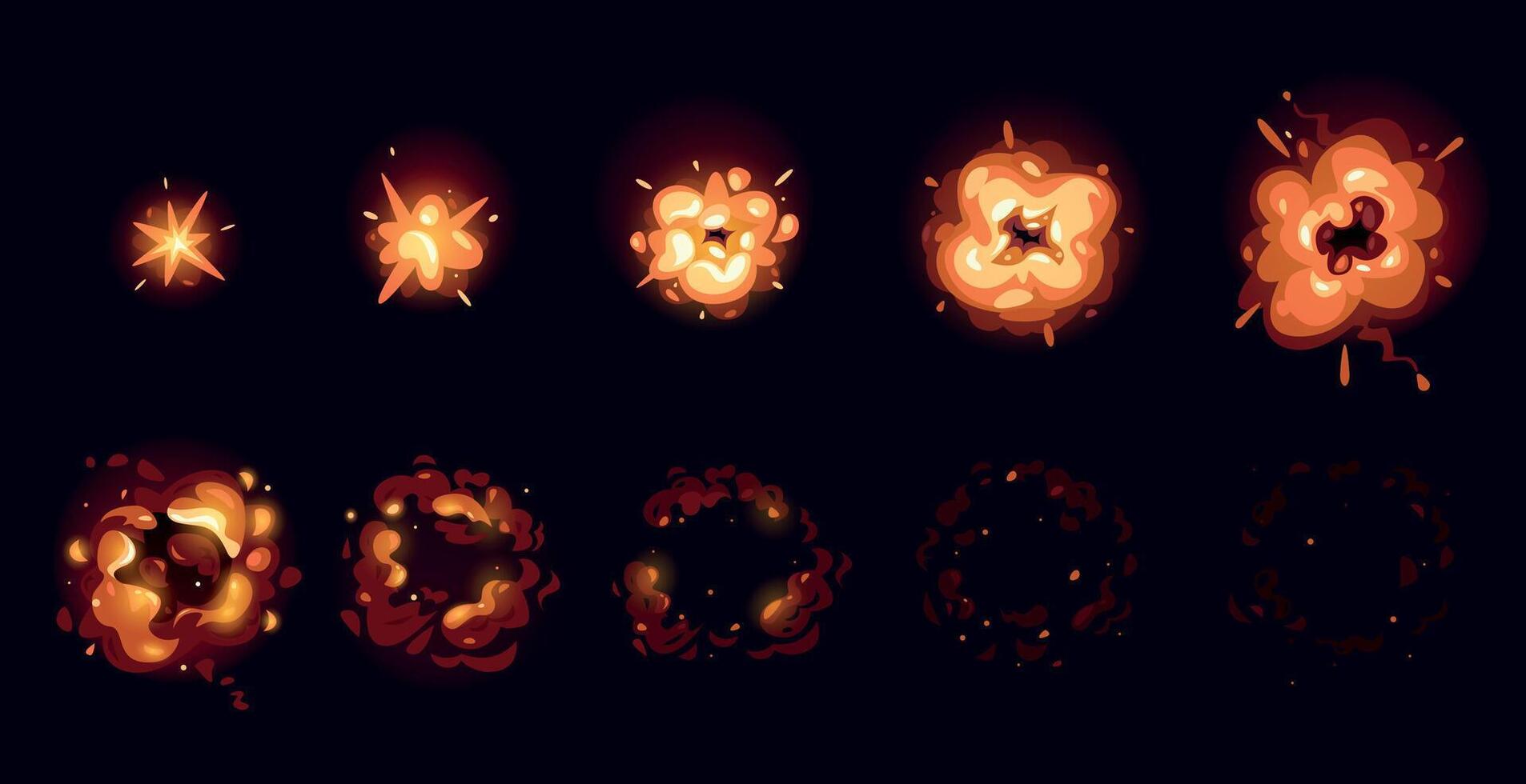 Explosion Karikatur Animation. Rauch und Feuer Animation Rahmen durch rahmen, Comic Spiel Anlagegut von Bombe sprengen Wirkung. Vektor Spiel Sprite von Dynamit Explosion