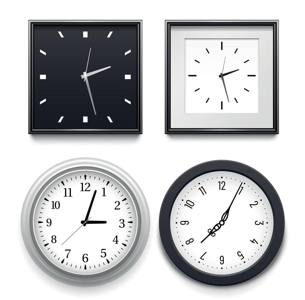 realistisk klockor hängande på vägg. runda och fyrkant klassisk klockor i svart och silver- ramar. ringa med siffror och utan vektor