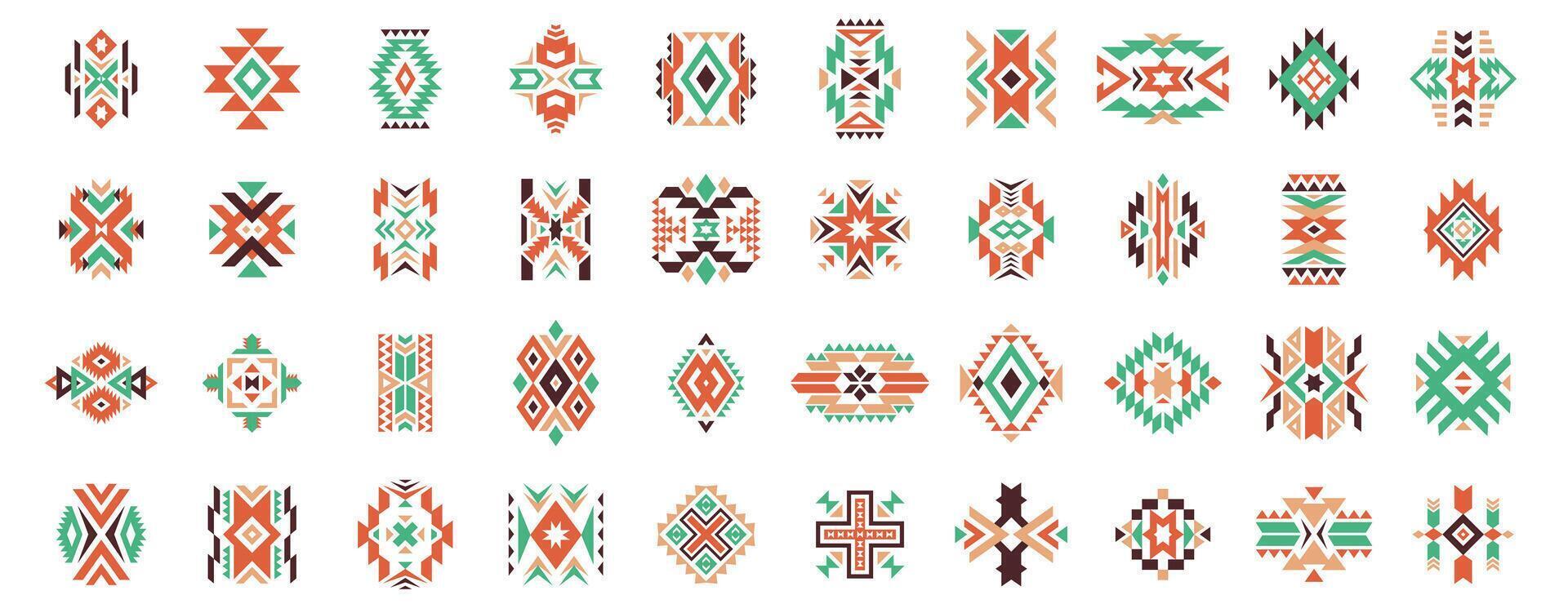 aztekisch ethnisch Motiv. einheimisch amerikanisch geometrisch Muster, farbig Mexikaner Stammes- Kunst Elemente zum Logo tätowieren Stoff Design. Vektor isoliert einstellen