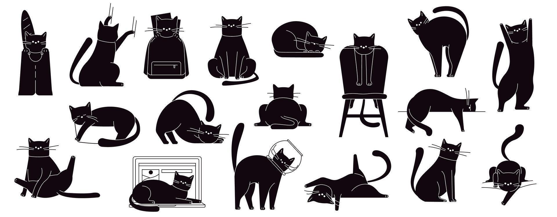 schwarz Katze Posen. süß Kitty Sitzung und gehen, komisch flauschige inländisch Katzen im anders posiert und Positionen. Vektor Karikatur Katzen isoliert einstellen