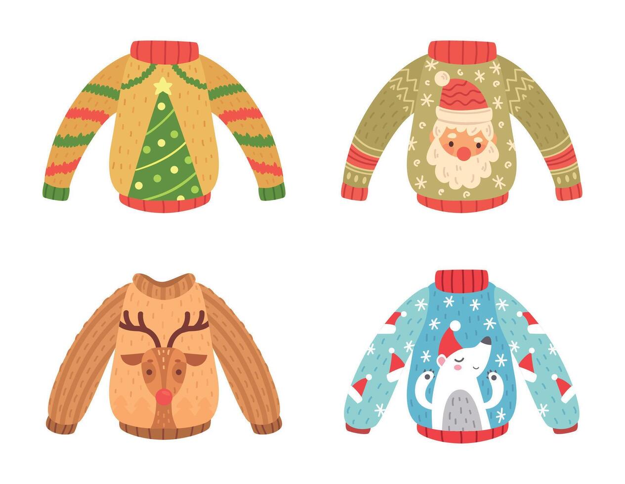 tecknad serie jul fest byglar dekorerad gran träd, santa claus, ren och Björn design. söt värma tröjor för vinter- Semester vektor