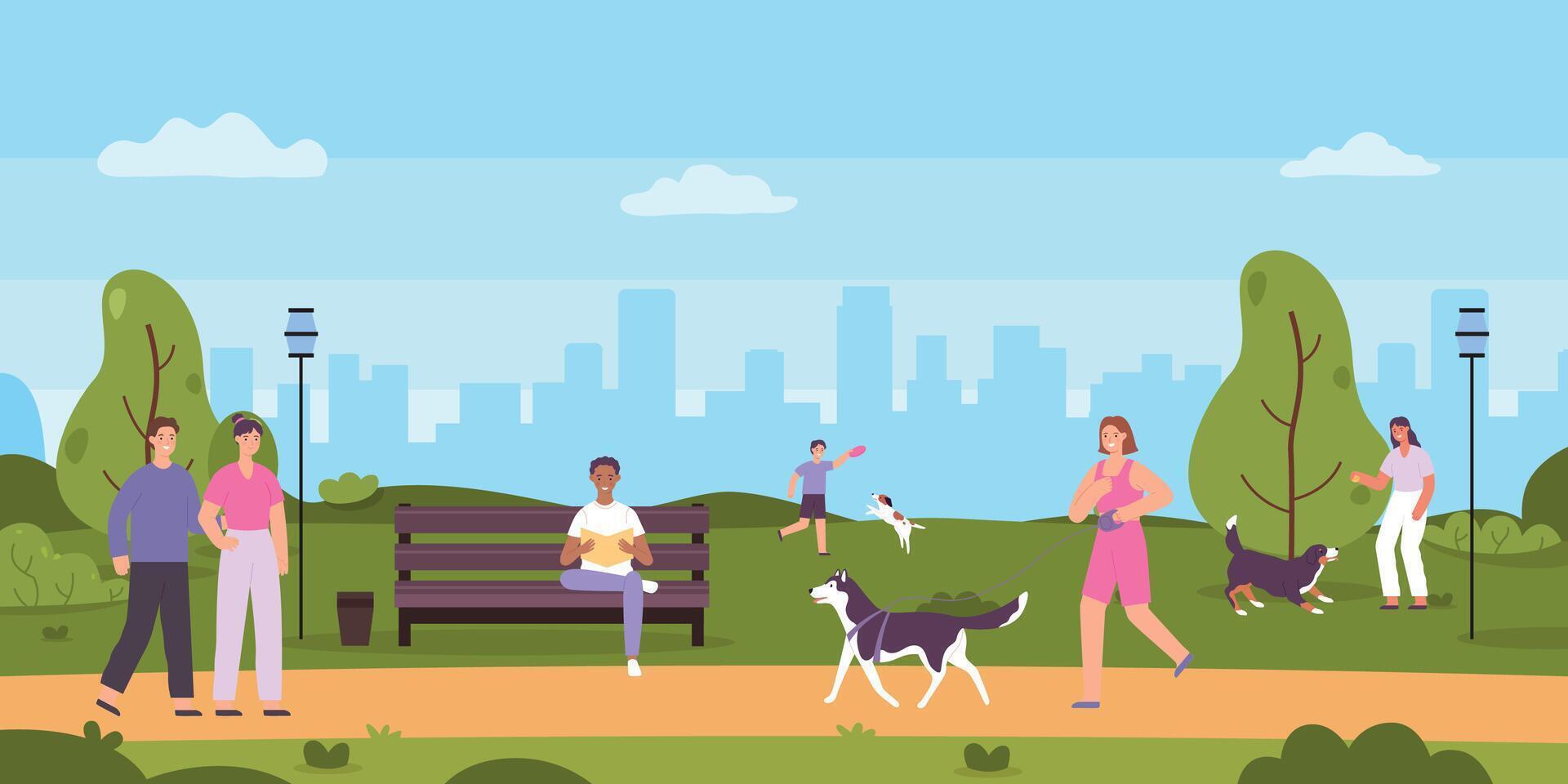 människor promenad i offentlig parkera. tecknad serie kvinna löpning med sällskapsdjur, man Sammanträde på bänk och läsning bok. par gående vektor