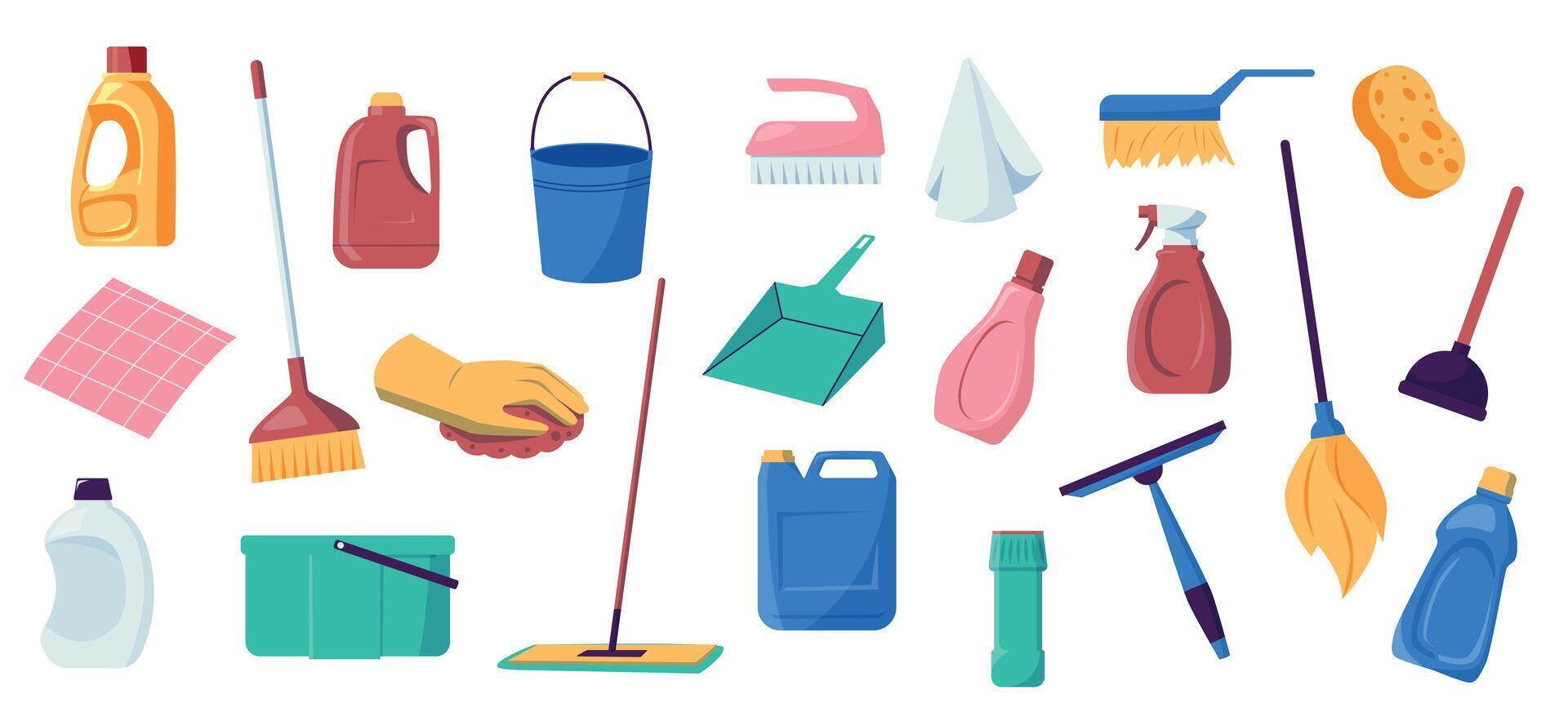 Haus Reinigung Werkzeug. Waschen und Reinigung Ausrüstung, Gummi Handschuhe, Schaufel und Bürste, Seife Flasche und Eimer. Vektor Hauswirtschaft chemisch einstellen