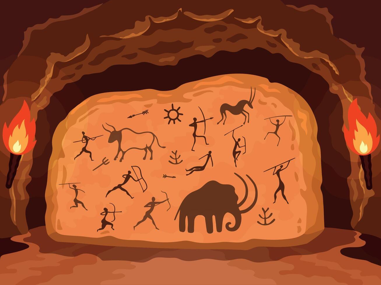 prähistorisch malen. Primitive Zeichnung auf Stein Mauer von Höhle, uralt Symbole von Jäger, Tiere und Zier Elemente. Vektor Schnitzereien auf Felsen Abbildung