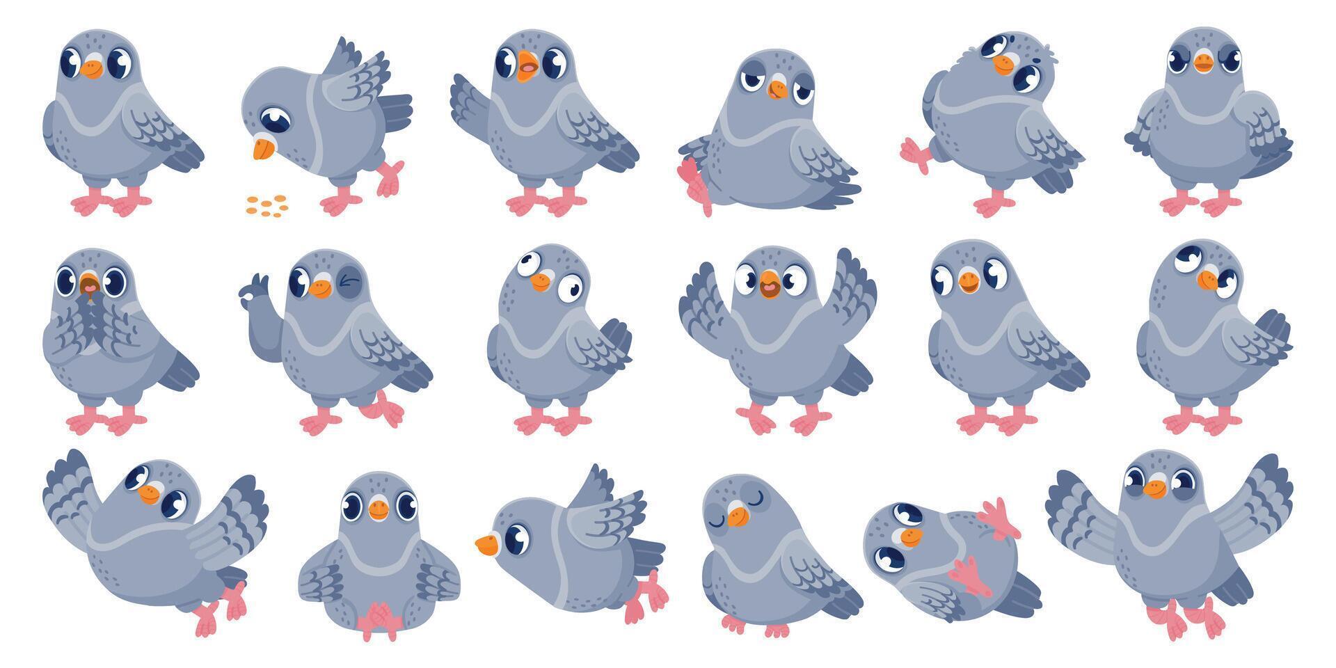 tecknad serie duva. rolig fågel karaktär med olika känslor i annorlunda poserar, komisk maskot klämma konst. vektor duva djur- i flyg isolerat uppsättning
