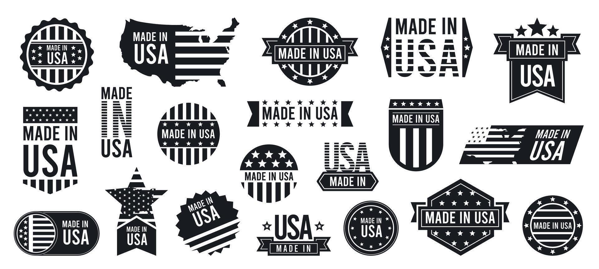 gemacht im USA Briefmarken schwarz Farbe. retro amerikanisch Flagge Briefmarke mit Text. Logo mit Text und Siegel. Etikette Design Vektor einstellen