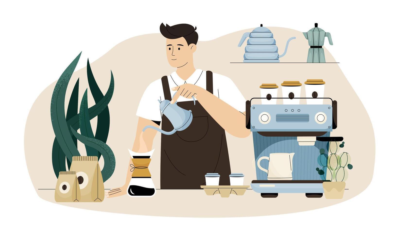 Barista framställning kaffe. tecknad serie Kafé arbetstagare framställning kaffe i Kafé med kaffe maskin, Barista framställning filtrerades kaffe. vektor uppsättning