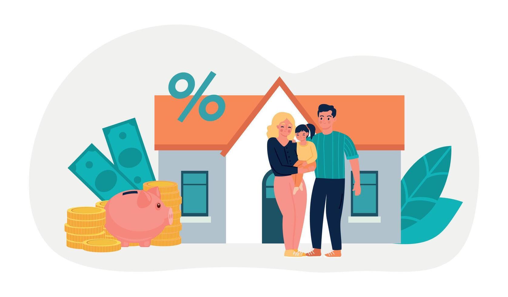 Anerkennung Geld Konzept, Darlehen und Hypothek, glücklich Familie vektor