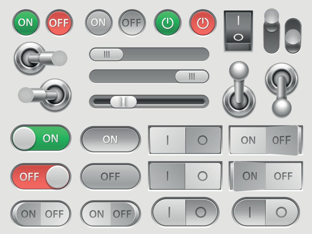 Umschalten schalten. auf aus Schieberegler und einstellbar Taste, Benutzer Schnittstelle skeuomorph Elemente zum Möglichkeit Speisekarte. Vektor Schalter isoliert einstellen