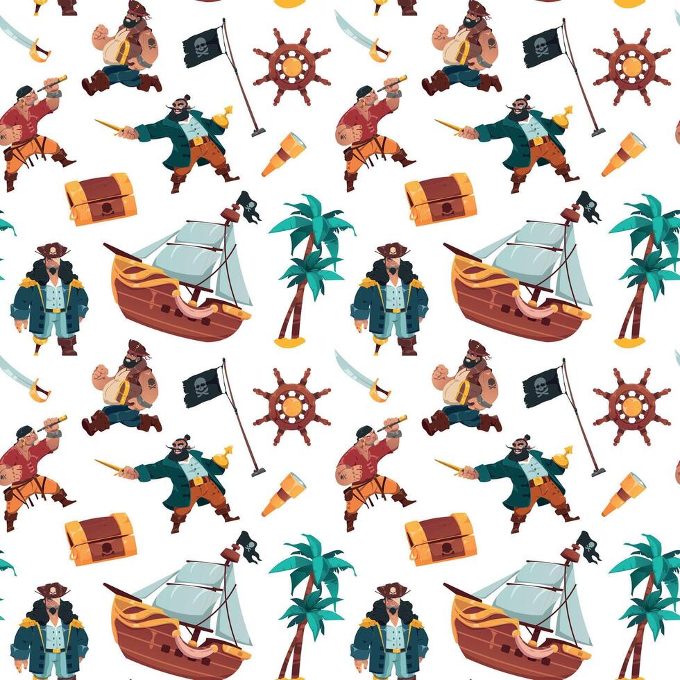pirater mönster. tecknad serie sömlös skriva ut av sjömän och banditer i pirat kostymer med vapen skatt bröst och kikare. vektor textur barn illustration tecken