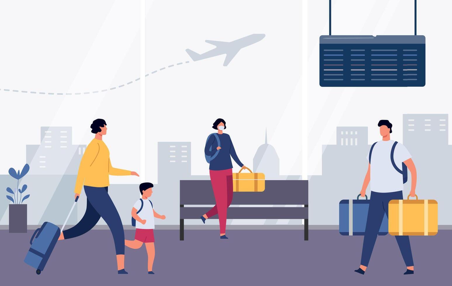 människor på flygplats. tecknad serie passagerare med bagage skyndar till flyg. förälder med barn gående med bagage vektor