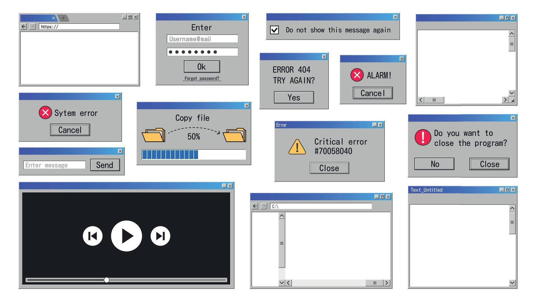 gammal gränssnitt fönster. retro fel meddelande, internet browser och fil chef klassisk programvara design. vektor gammal systemet element