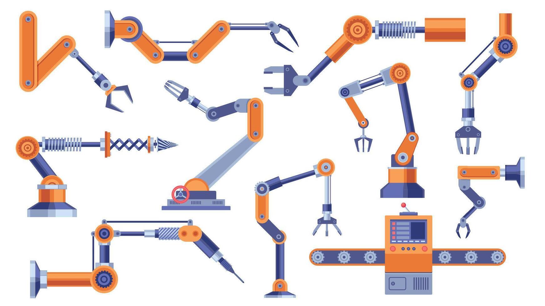 industriell robot ärm. robot elektronisk hand manipulator med maskin delar, automatisering bearbeta bil tillverkning begrepp. vektor platt uppsättning