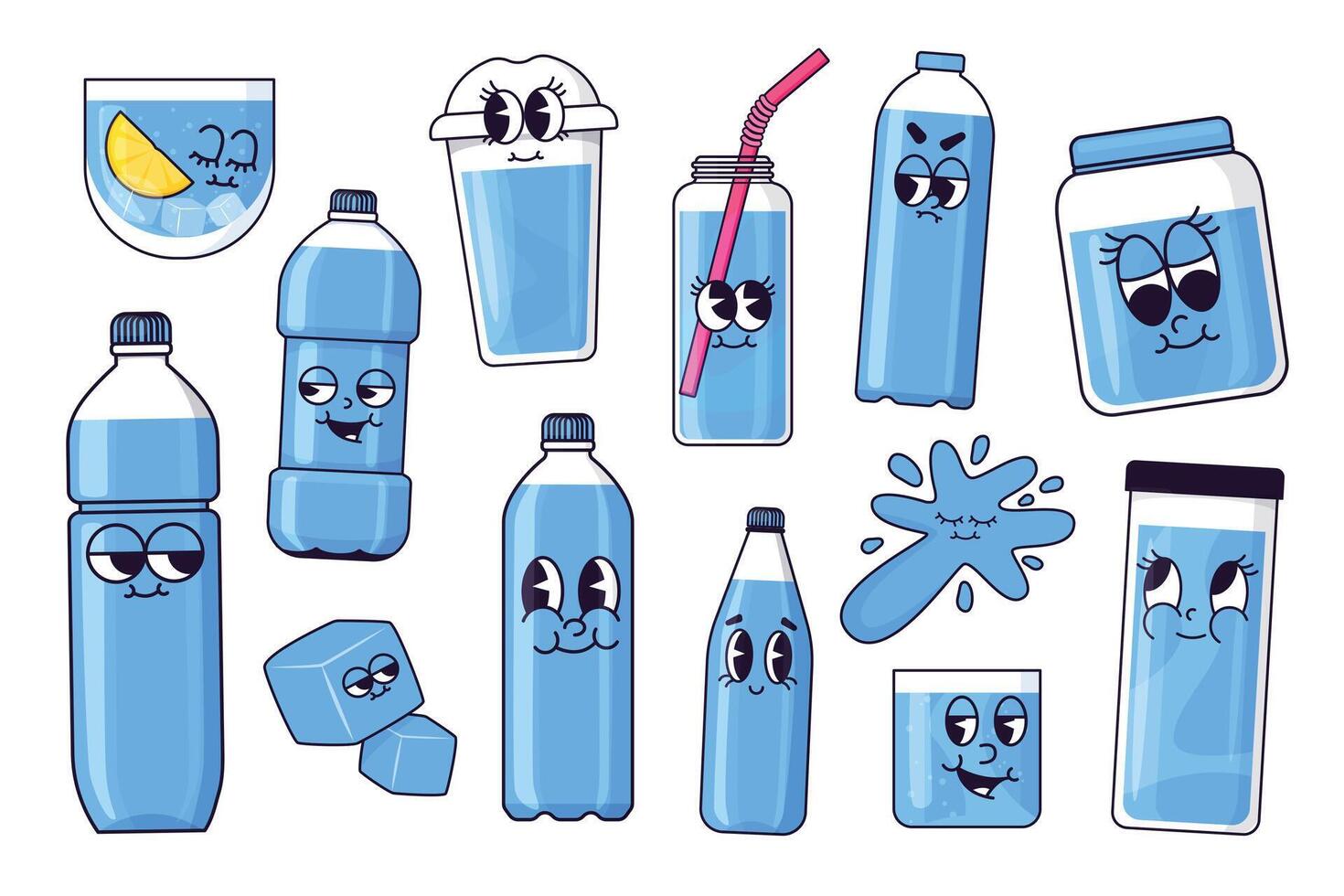 vatten maskot. tecknad serie dryck vatten begrepp med eco vänlig vatten flaska tecken, noll avfall vatten kanna, detox naturlig dryck, friska dryck begrepp. vektor uppsättning