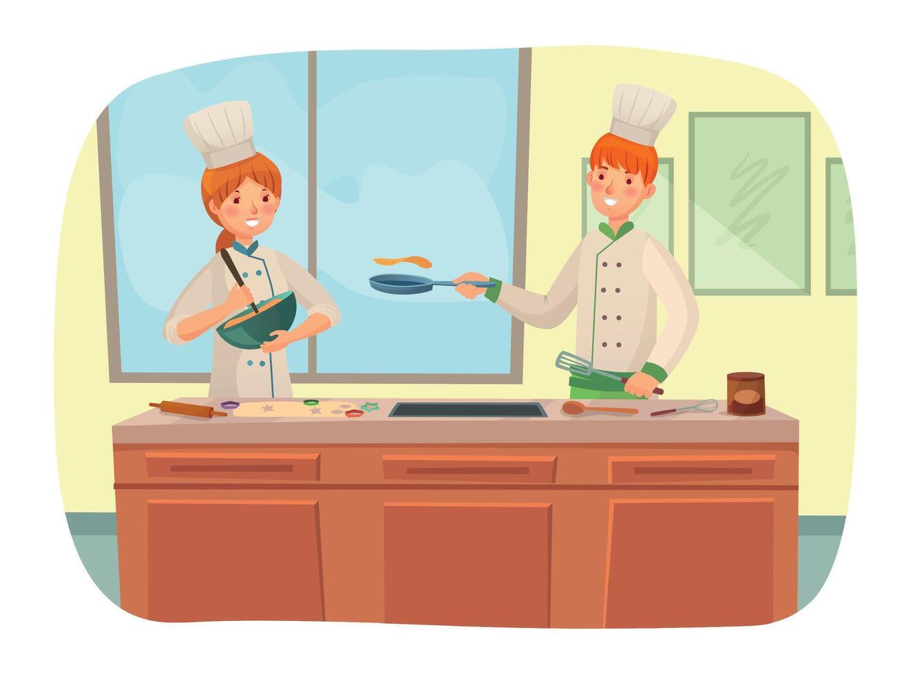 Restaurant Koch Kochen beim Küche Frühstück zum Kunden vektor