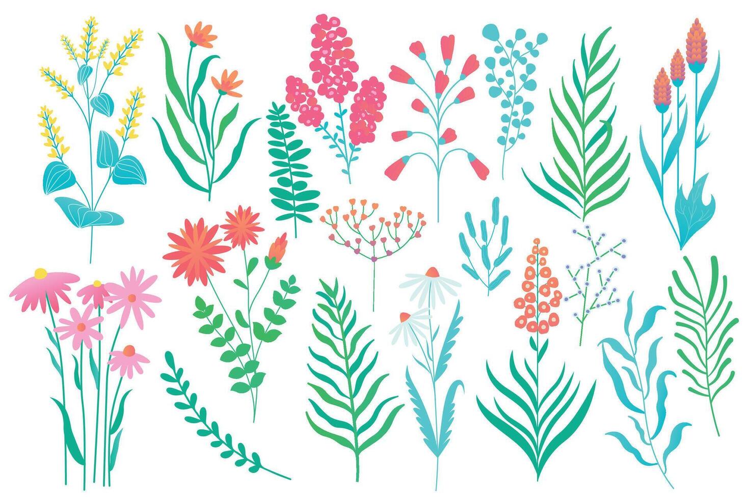 Karikatur Blumen und Blätter. abstrakt botanisch Blumen- Elemente Strauß, Hand gezeichnet abstrakt Blumen- Elemente zum Hintergrund Design. Vektor isoliert einstellen