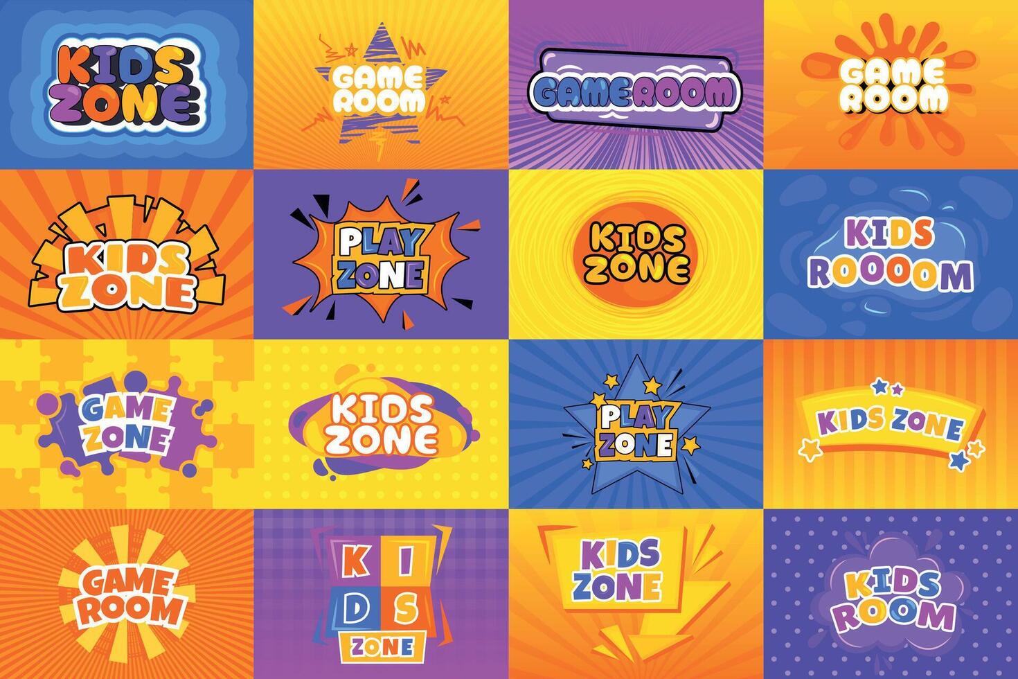 Kinder abspielen Zimmer Banner. Karikatur bunt Zone Etikette mit Kind Spielzimmer Zone Konzept, Kindheit Bildung Konzept. Vektor Illustration