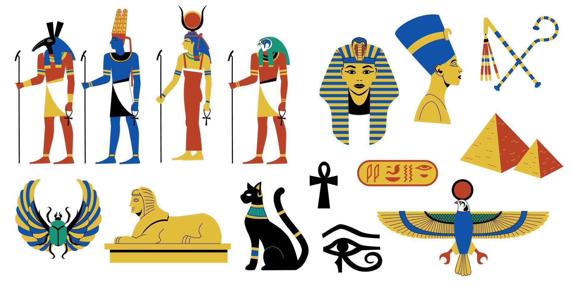 egyptisk mytologi samling. gammal egyptisk religion och arkeologi, hieroglyf symboler av gammal faraoner gudar och gudinnor. vektor uppsättning