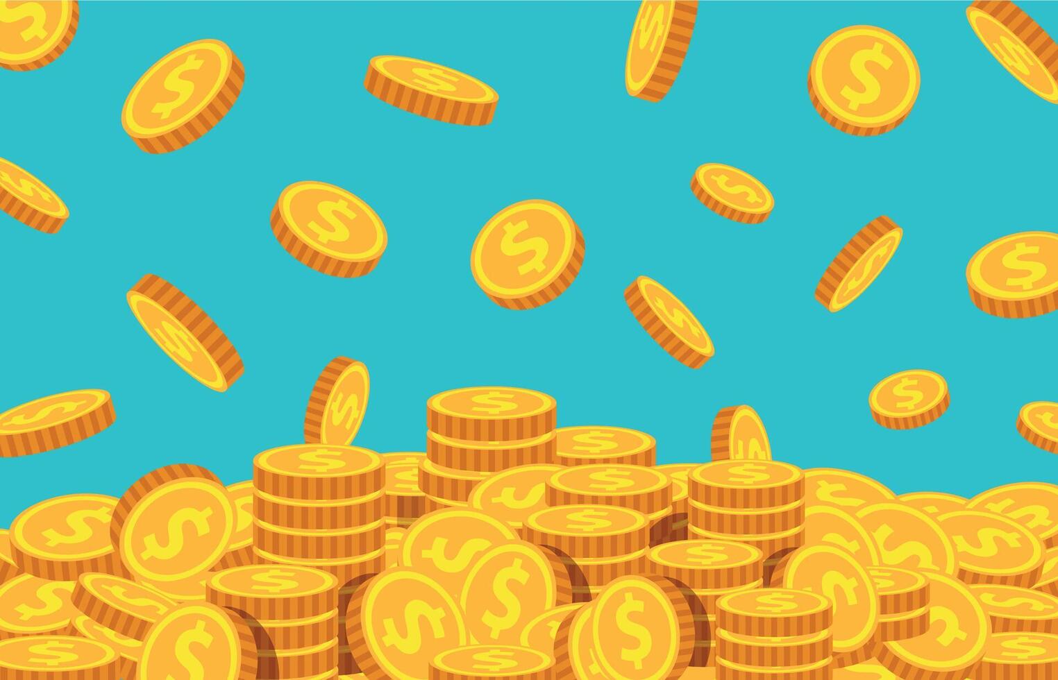 tecknad serie mynt faller. guld dollar släppa, pengar regn bakgrund. flygande valuta. skatt, rikedom eller framgångsrik företag vektor begrepp