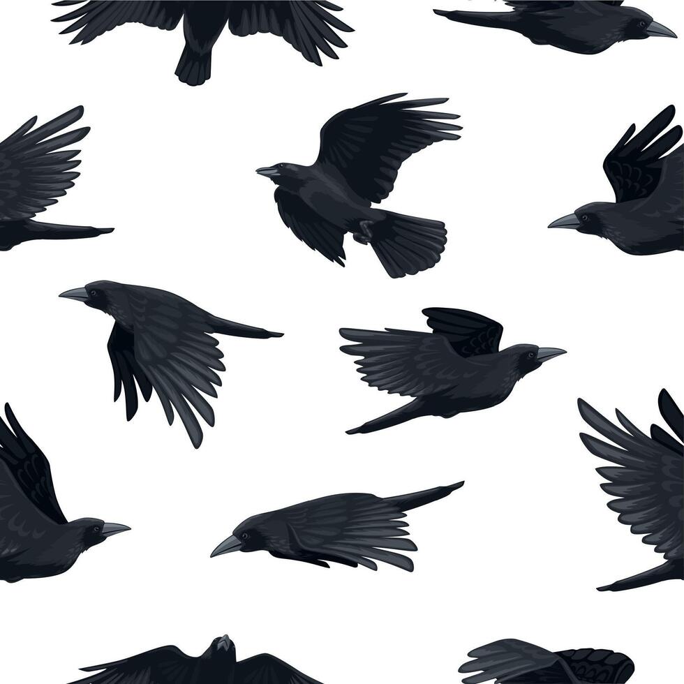 kråka mönster. sömlös skriva ut av svart flygande korpar, råka silhuett bakgrund för tyg omslag papper textil- design. vektor gotik textur