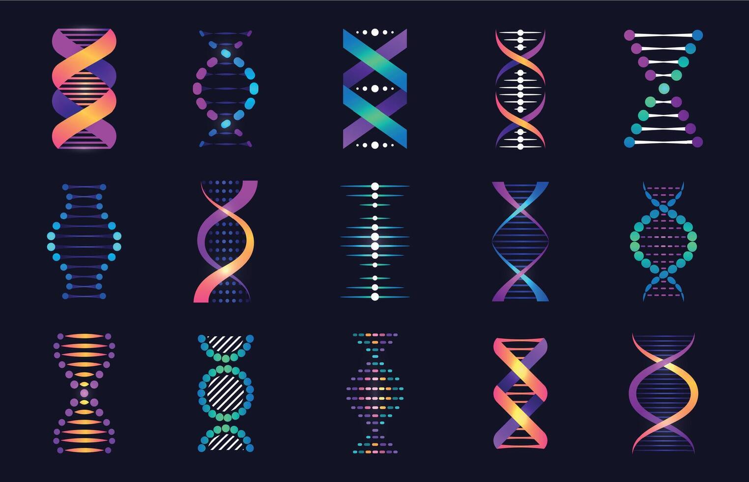 dna spiraler samling. bioteknik och genetisk forskning modeller. dna helix och kromosom strukturera. farmaceutisk modell av molekyl vektor uppsättning