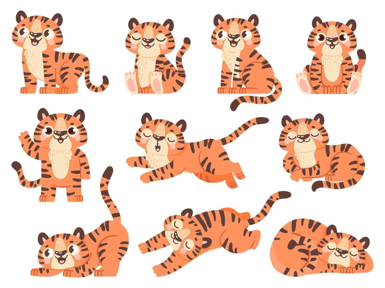 söt bebis tigrar. tecknad serie djungel djur- för barn design. tiger poser i sova, sitta, spela och ryta. 2022 ny år symbol karaktär vektor uppsättning