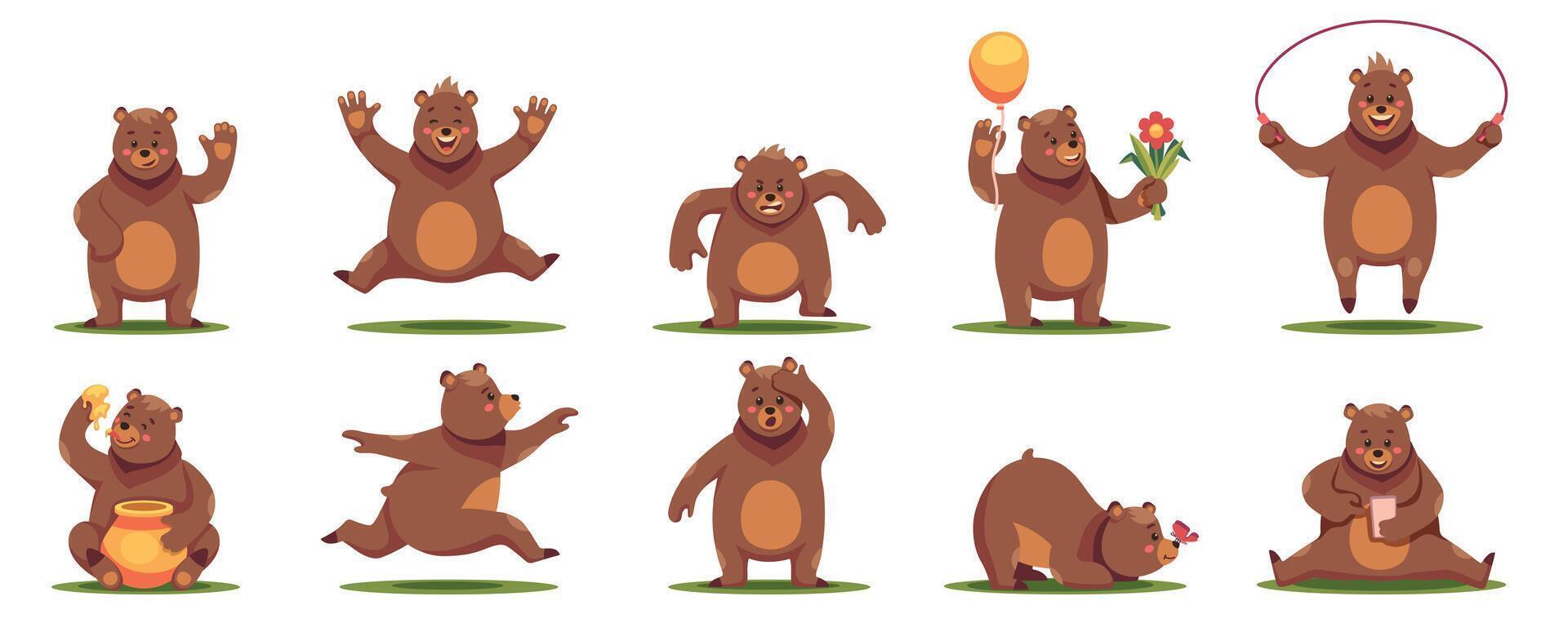 tecknad serie Björn. söt vänlig vilda djur och växter djur i annorlunda poser och situationer, fluffig grizzly maskotar, rolig förtjusande Zoo däggdjur tecken. vektor uppsättning