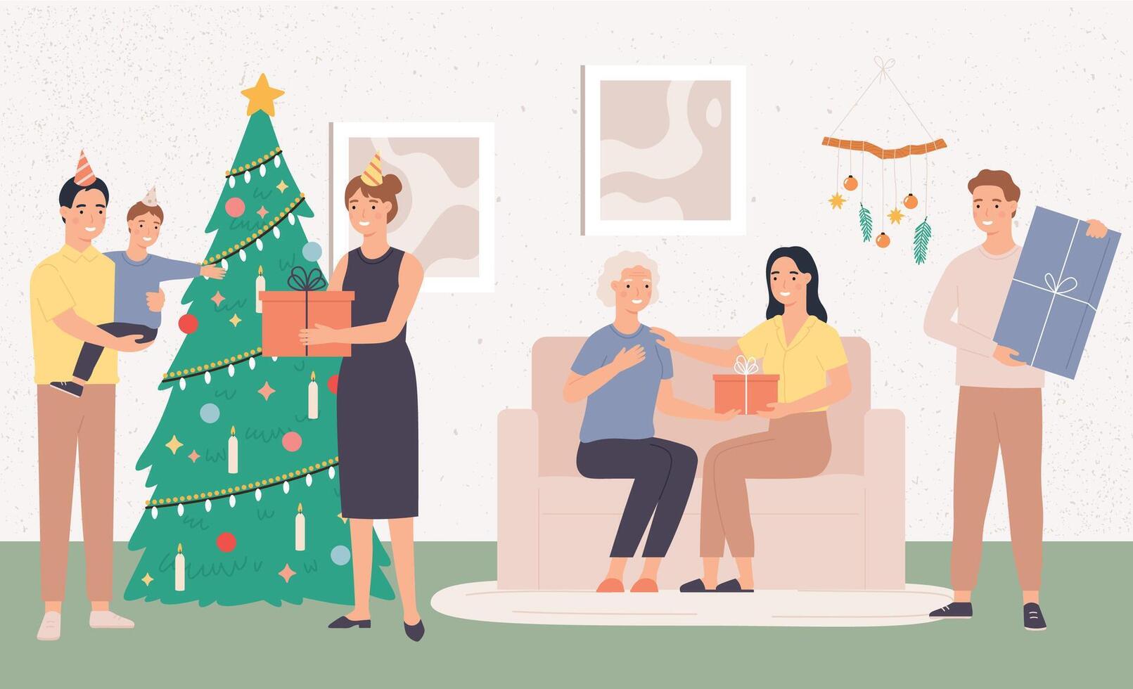 jul med Lycklig familj på Hem. tecknad serie människor fira xmas tillsammans nära gran träd. föräldrar ger gåva låda till barn vektor