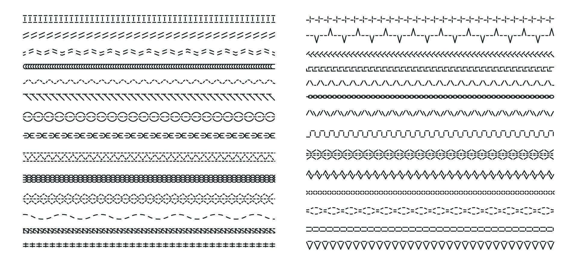 maskin svart sy. sömlös sicksack- variation, handarbete gräns med hetero och kurvig rader, variation av broderi mönster. vektor isolerat uppsättning