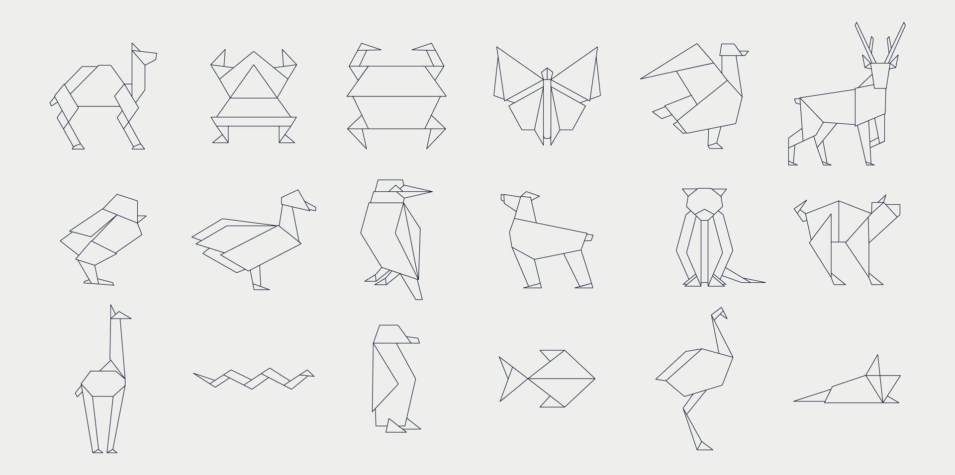 Linie Origami Tiere. geometrisch gefaltet japanisch traditionell Papercraft Tiere, einfach Gliederung skizzieren gefaltet Zoo. Vektor Sammlung