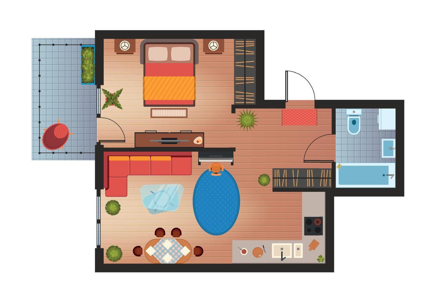 lägenhet eller hus golv planen med möbel topp se. platt rum arkitektur design. Hem vardagsrum, kök, sovrum och badrum vektor planen