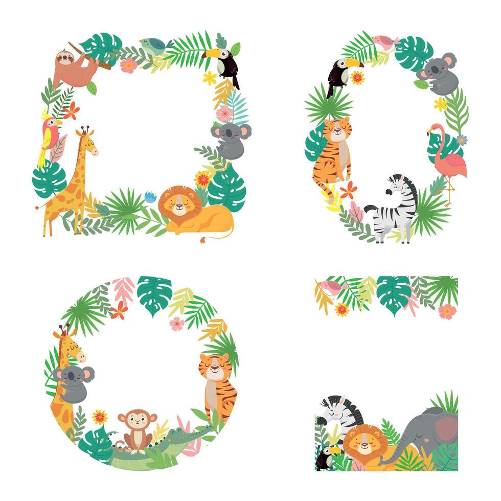 tecknad serie djur ram. grön tropisk handflatan träd löv med tiger, lejon, giraff, koala och elefant gränser vektor