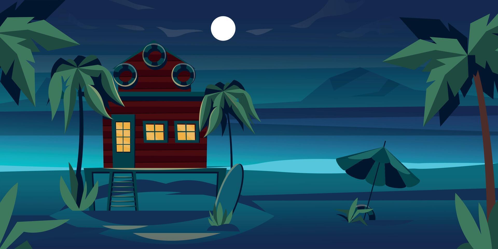 natt strand bungalows. tropisk ö tillflykt med simning lagun. sommar semester hus med strand och handflatan träd. vektor natt scen