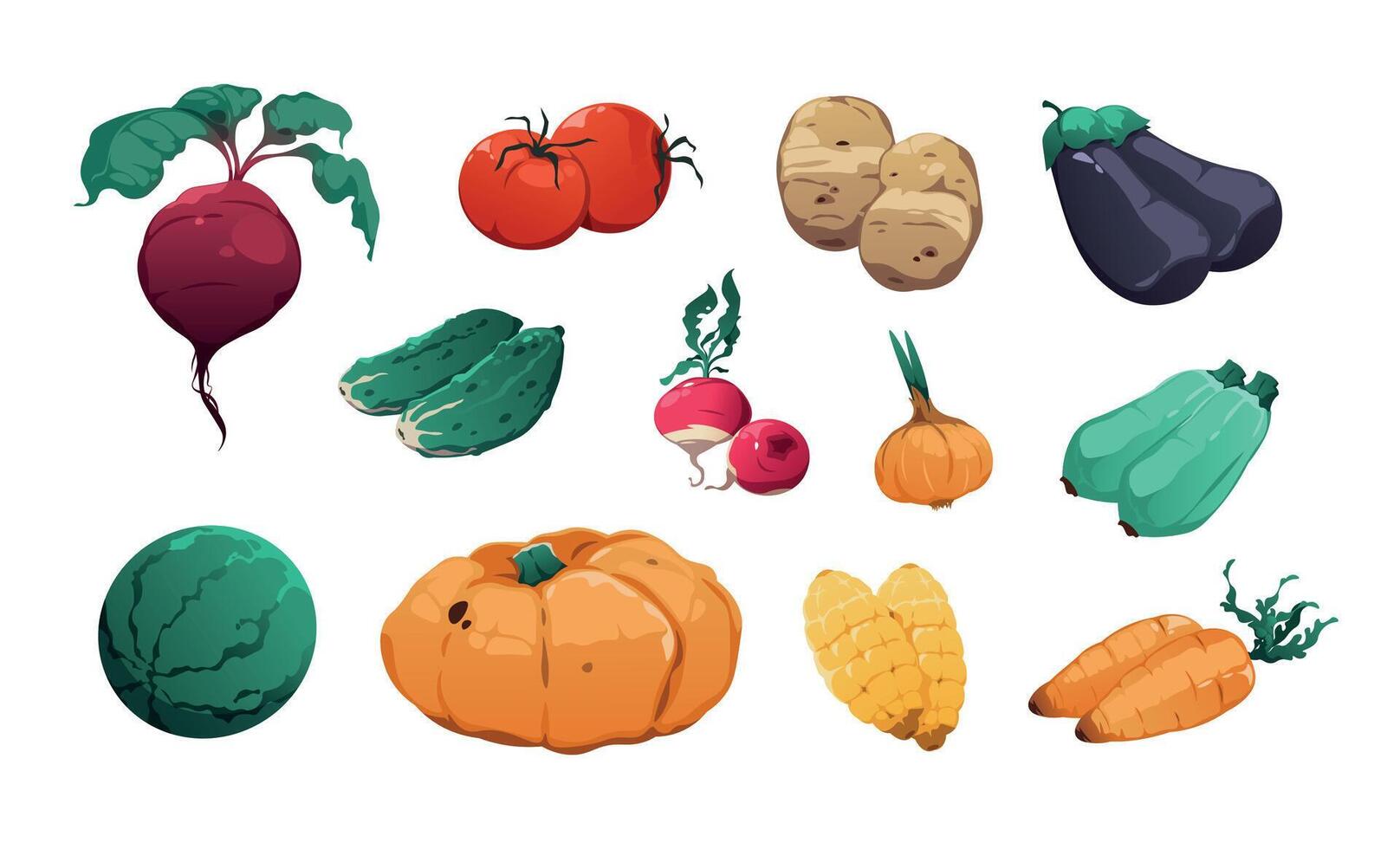 Gemüse Sammlung. frisch Bauernhof Essen höchst detailliert Karikatur Spiel Anlagegut von Tomaten Kartoffel Kürbis Mais Karotte Zwiebel Gurke. Vektor organisch bunt vegan Essen einstellen
