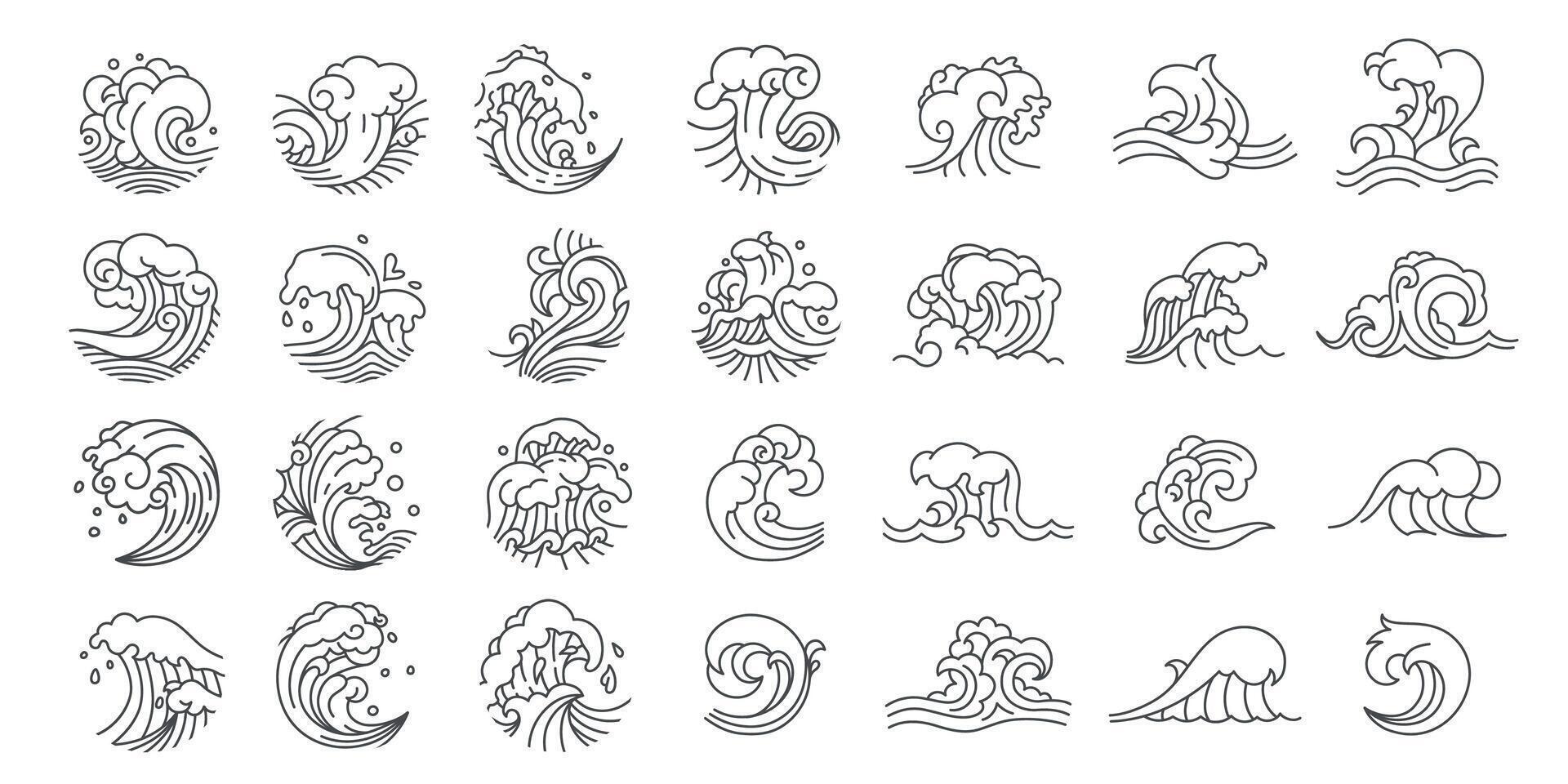 orientalisk vågor ikoner. kinesisk indisk japansk arabicum och latin amerikan traditionell dekorativ vågor, dekorativ översikt asiatisk krusning mönster. vektor uppsättning