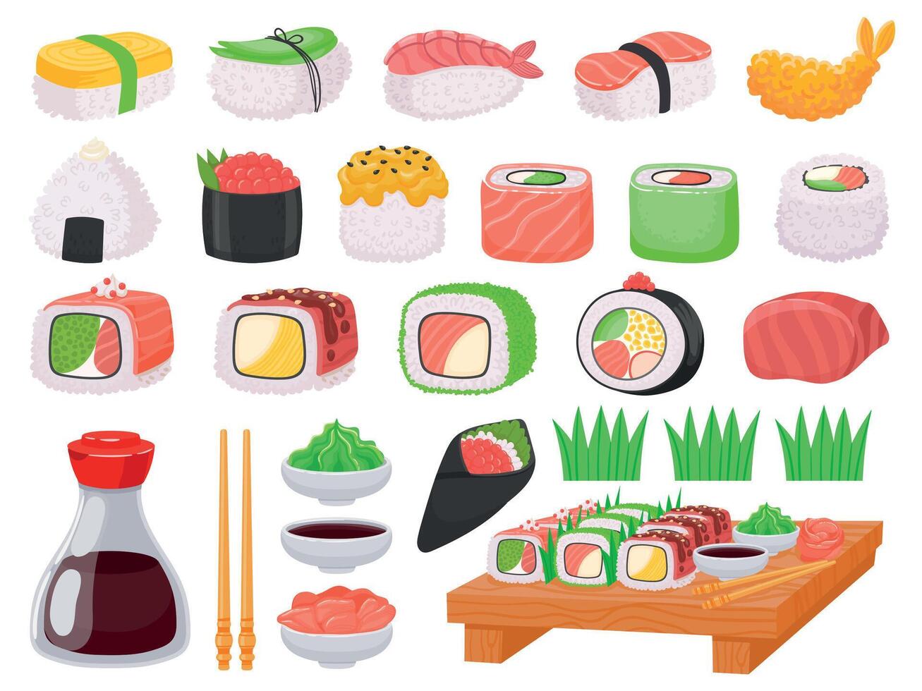 japanisch Essen Sushi, Onigiri, Lachs Sashimi und Saucen. Karikatur Garnele Tempura, asiatisch Essstäbchen, Soja Soße, Wasabi und Ingwer Vektor einstellen