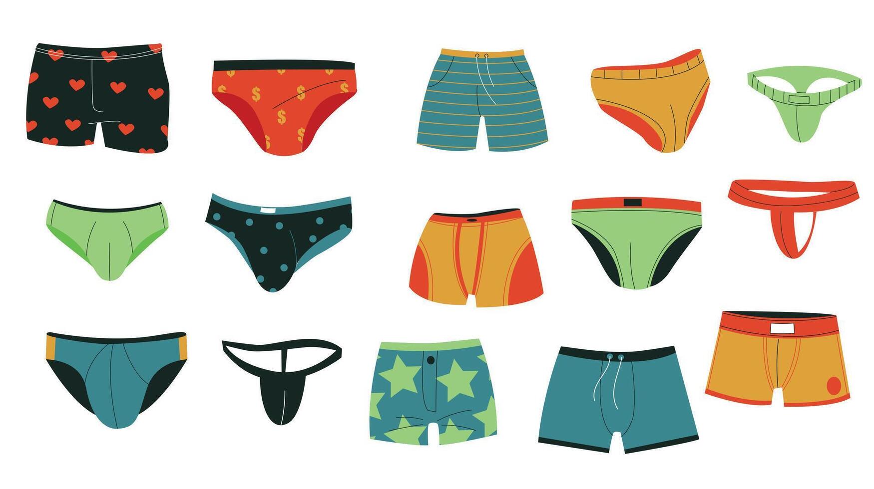 Männer Schwimmen Unterhose. männlich Badeanzug Kleidungsstück bunt Unterwäsche, Karikatur eben Boxer Kofferraum kurze Hose täglich kurz Kleidung. Vektor isoliert einstellen