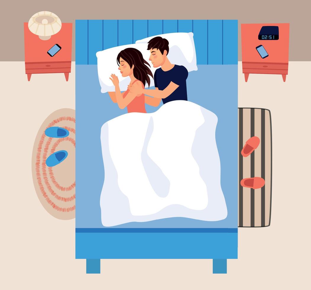 Paar von Menschen Schlafen im Bett. weiblich und männlich Zeichen Lügen unter Decke zusammen. Familie träumend vektor