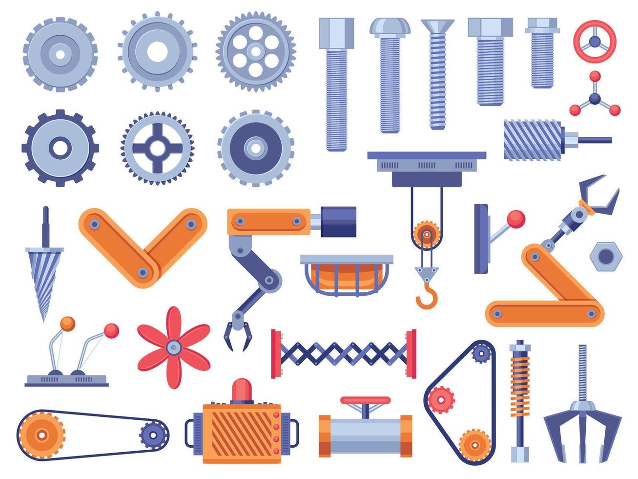 Mechanismus Teile. mechanisch und elektrisch Motor Nuss Schraube Bolzen Getriebe Einzelheiten, Maschinen industriell Ausrüstung Auto Ingenieurwesen Konzept. Vektor isoliert einstellen