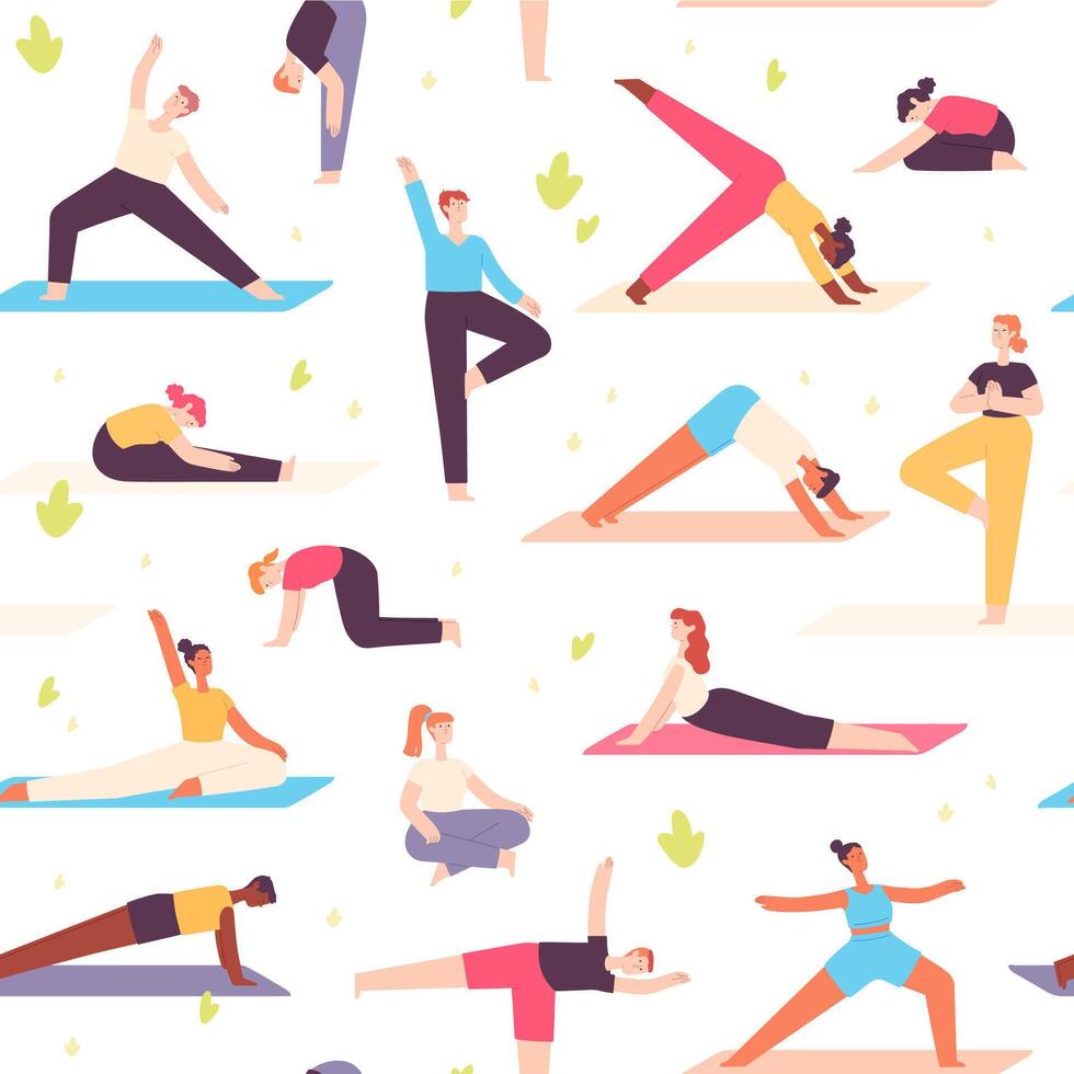 Yoga Menschen nahtlos Muster. Männer und Frauen tun mental Gesundheit und physisch Übung. Meditation, Entspannung im Natur, Wohlbefinden Vektor drucken