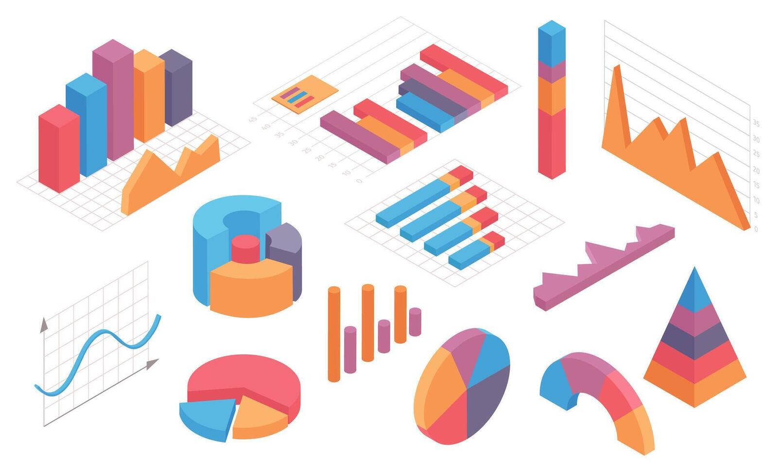 isometrisch Infografik Diagramme. Graph, Kreis Diagramm, Kuchen Diagramm und Säulen mit Zeitleiste. Geschäft Statistik und analytisch Element Vektor einstellen