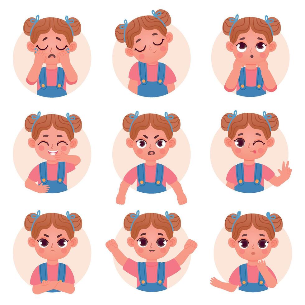 süß Kind Mädchen Benutzerbild Gesichts- Emotionen und Gefühle. wenig Kind Gesicht Emoji mit wütend, traurig, Glücklich, Schock und Frage Ausdruck Vektor einstellen