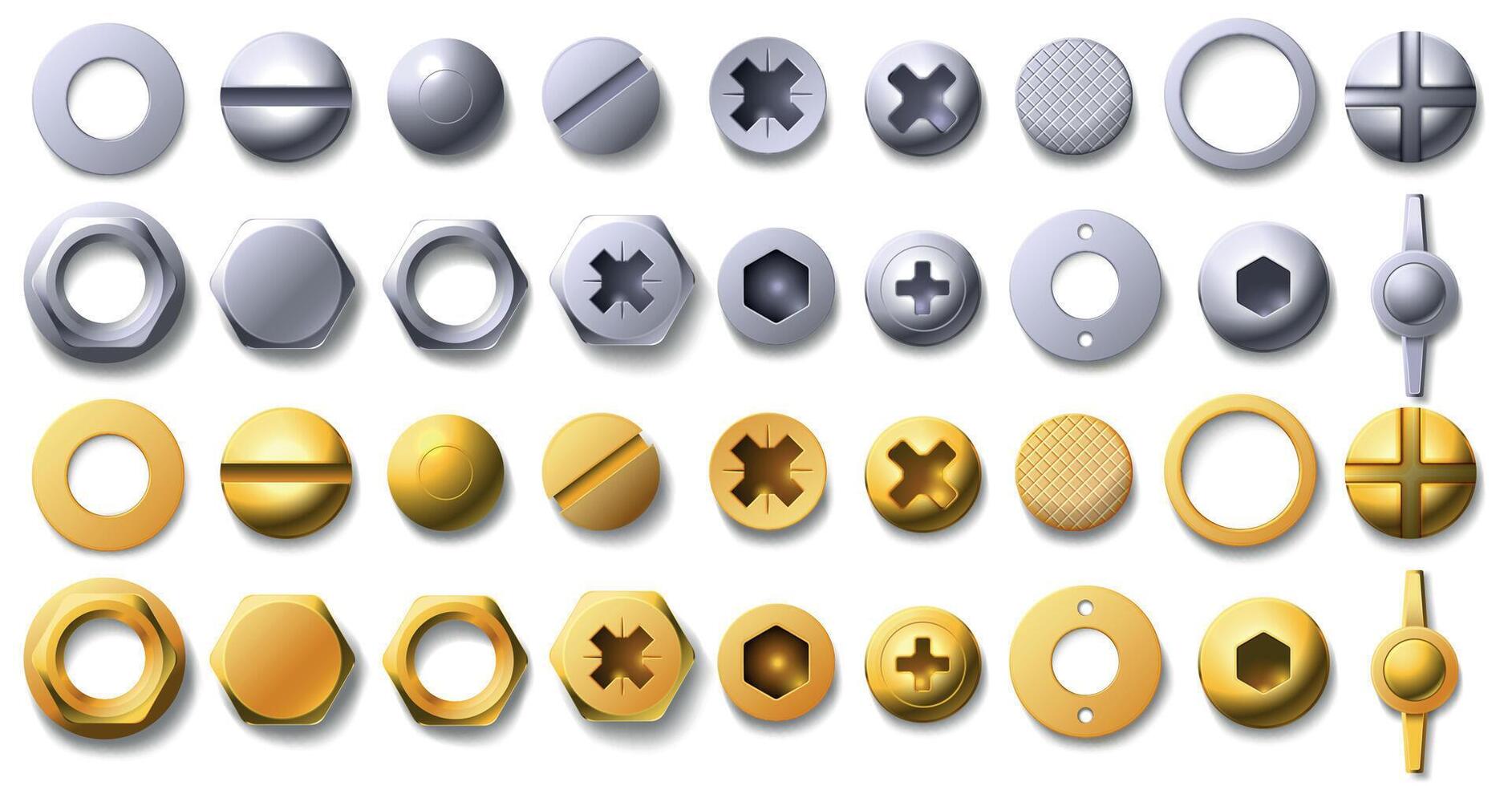 Gold und Metall schrauben, Niet und Bolzen Köpfe oben Sicht. 3d Messing- und Stahl Nagel, Tasten, Hexagon und Kreis geformt Nüsse mit Faden Vektor einstellen